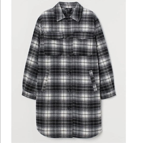 H&M Black And White Plaid Long Button Down Jacket/ Shacket Women’s Size XS - Picture 13 of 14